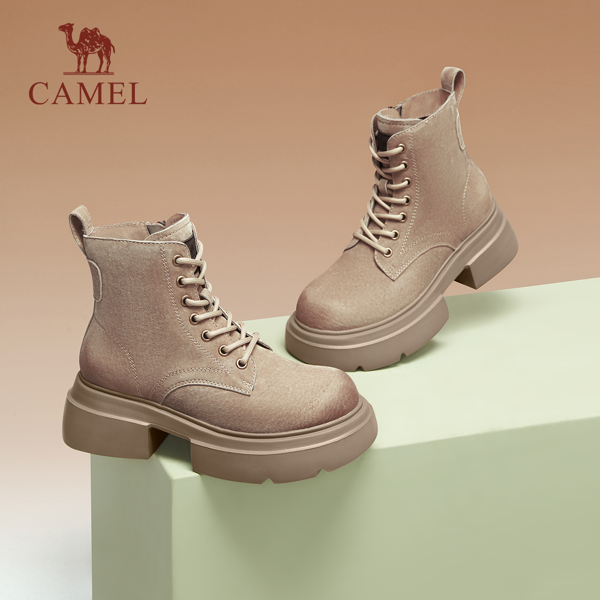 骆驼女鞋2025秋冬新款真皮时尚粗跟时装靴日常骆驼马丁靴增高短靴