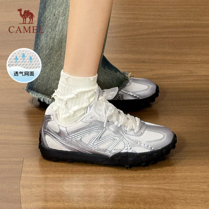 骆驼流光薄底鞋芭蕾风德训鞋女防滑阿甘鞋休闲百搭板鞋银色鞋子女