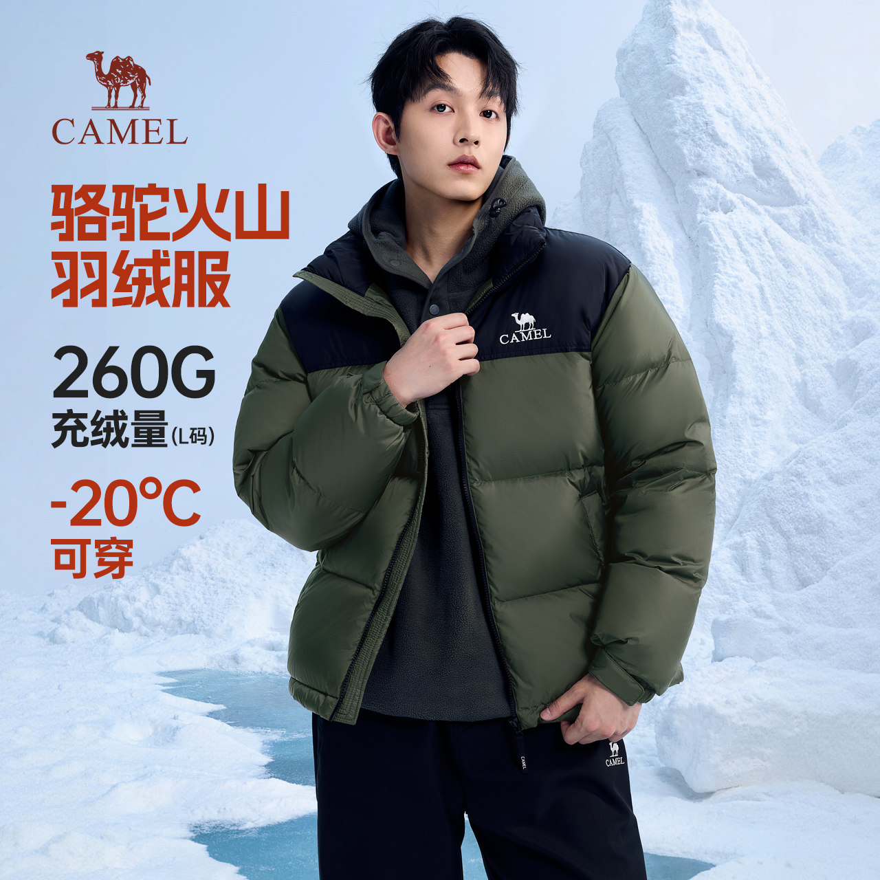 骆驼火山羽绒服男冬季2026新款立领保暖加厚短款面包服男装外套