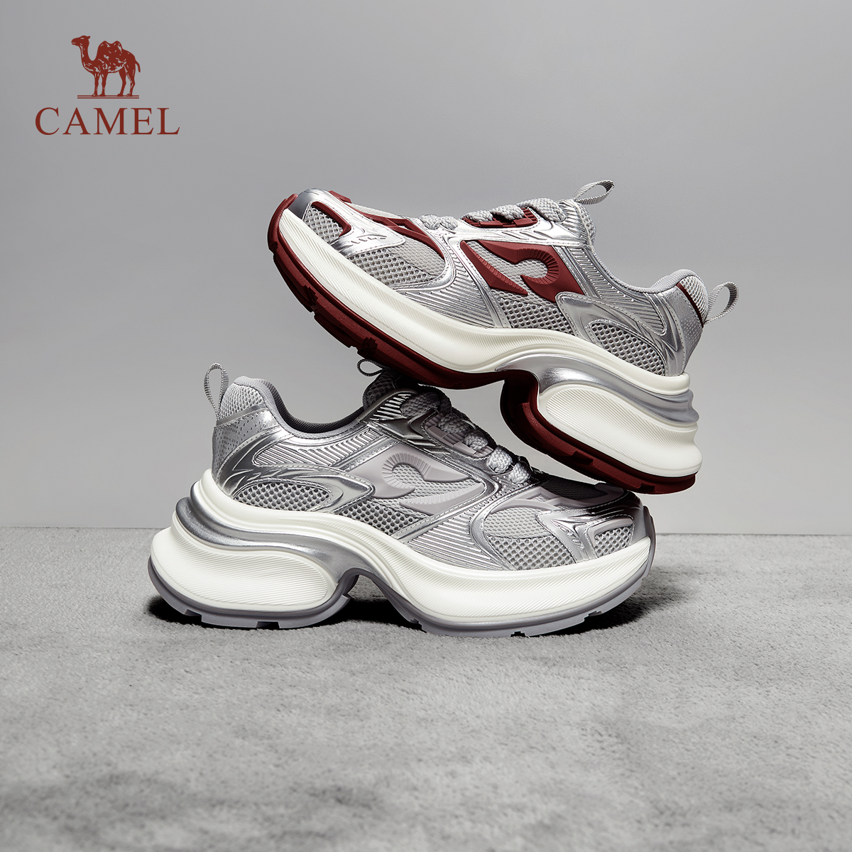 骆驼女鞋2025秋冬新款厚底休闲鞋女时尚百搭银色老爹鞋炫酷运动鞋