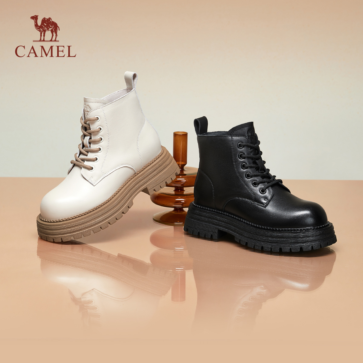 骆驼复古厚底增高工装靴