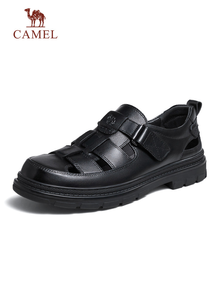 CAMEL 2024 SUMMER NEW COMFORTABLE BREATHABLE CUT-OUT COMFORTABLE CALFSKIN ANTI-SLIP VELCRO BUSINESS SANDALS FOR MEN