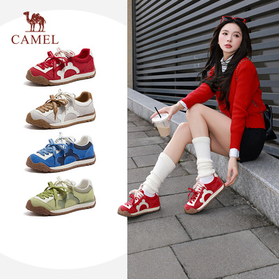 骆驼女鞋红色德训鞋休闲板鞋