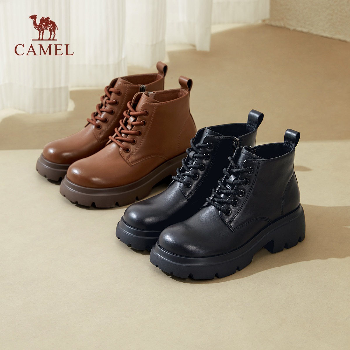 骆驼女鞋秋冬棕色复古英伦时装靴韩版切尔西靴休闲短靴女