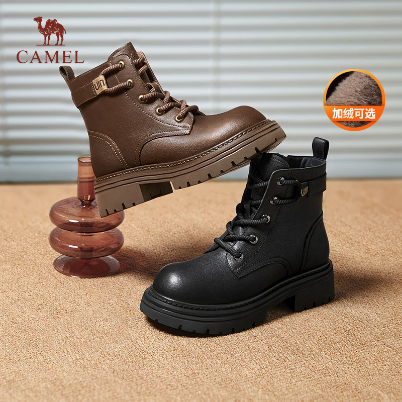 骆驼真皮英伦休闲靴粗跟厚底