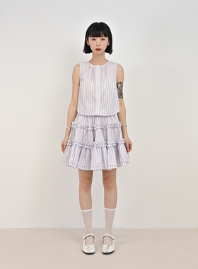 Room vol.12 紫色条纹三层花边松紧腰抽褶短款蛋糕半身裙