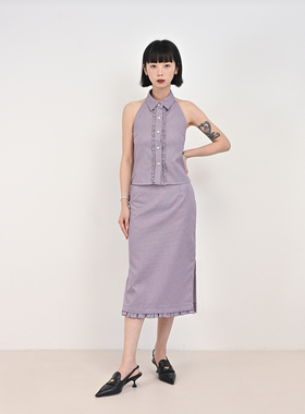 Room vol.12 紫色格子挂脖翻领花边露背修身款背心无袖衬衫