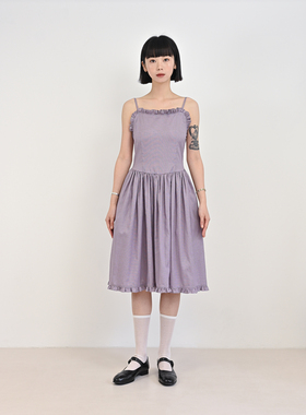 Room vol.12 紫色格子花边抽褶收腰中长款吊带连衣裙夏季定制