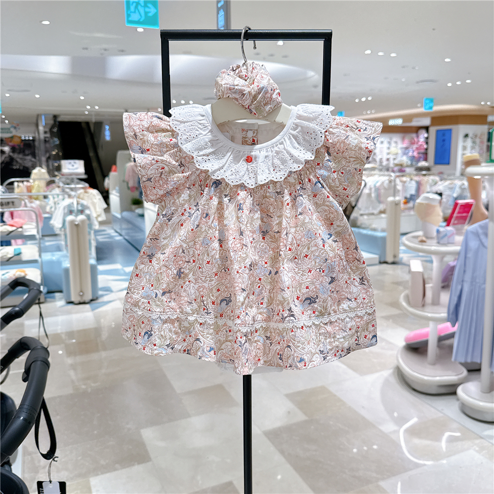 ETTOI小飞马女宝碎花连体衣花边领短爬韩国代购25夏裙式哈衣+发带