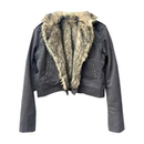 DETW 25AW*水泥灰座山雕铆钉装饰斜拉链修身短款毛领质感加厚外套