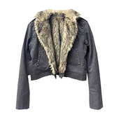 25AW 水泥灰座山雕铆钉装 饰斜拉链修身 DETW 短款 毛领质感加厚外套