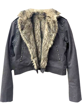 DETW 25AW*水泥灰座山雕铆钉装饰斜拉链修身短款毛领质感加厚外套