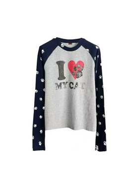 DETW 25AW*I LOVE MY CAT爱心猫咪印花拼接圆领长袖T恤打底衫男女