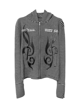 DETW 25AW*小众图腾哥特音符*条纹拉链正肩修身连帽开衫外套男女