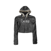 原创小众铆钉字母印花设计感短款 DETW 25AW 毛领连帽皮质夹克外套