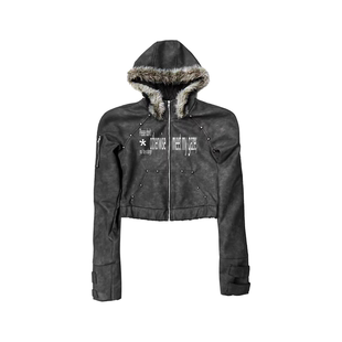 毛领连帽皮质夹克外套 原创小众铆钉字母印花设计感短款 DETW 25AW