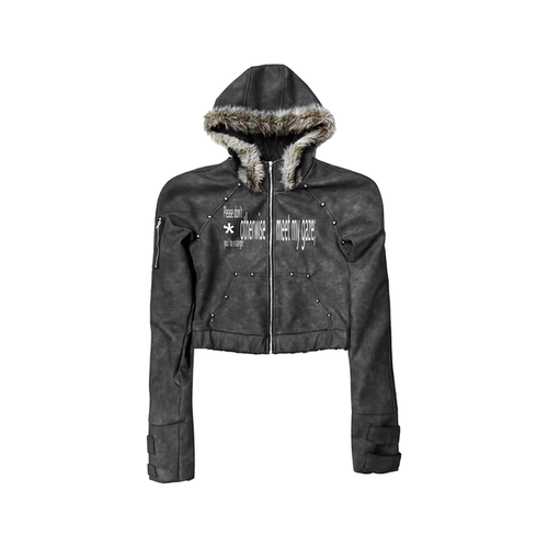 DETW毛领连帽短款皮质夹克外套