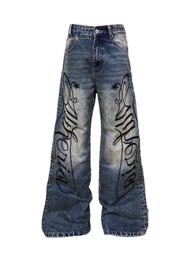 DETW 25AW*Baggy刺绣印花复古水洗宽松直筒堆叠视觉高级蓝牛仔裤