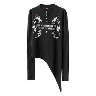 T恤打底衫 不规则斜下爽滑棉视觉系亨利领长袖 男女 烫金龍纹 DETW