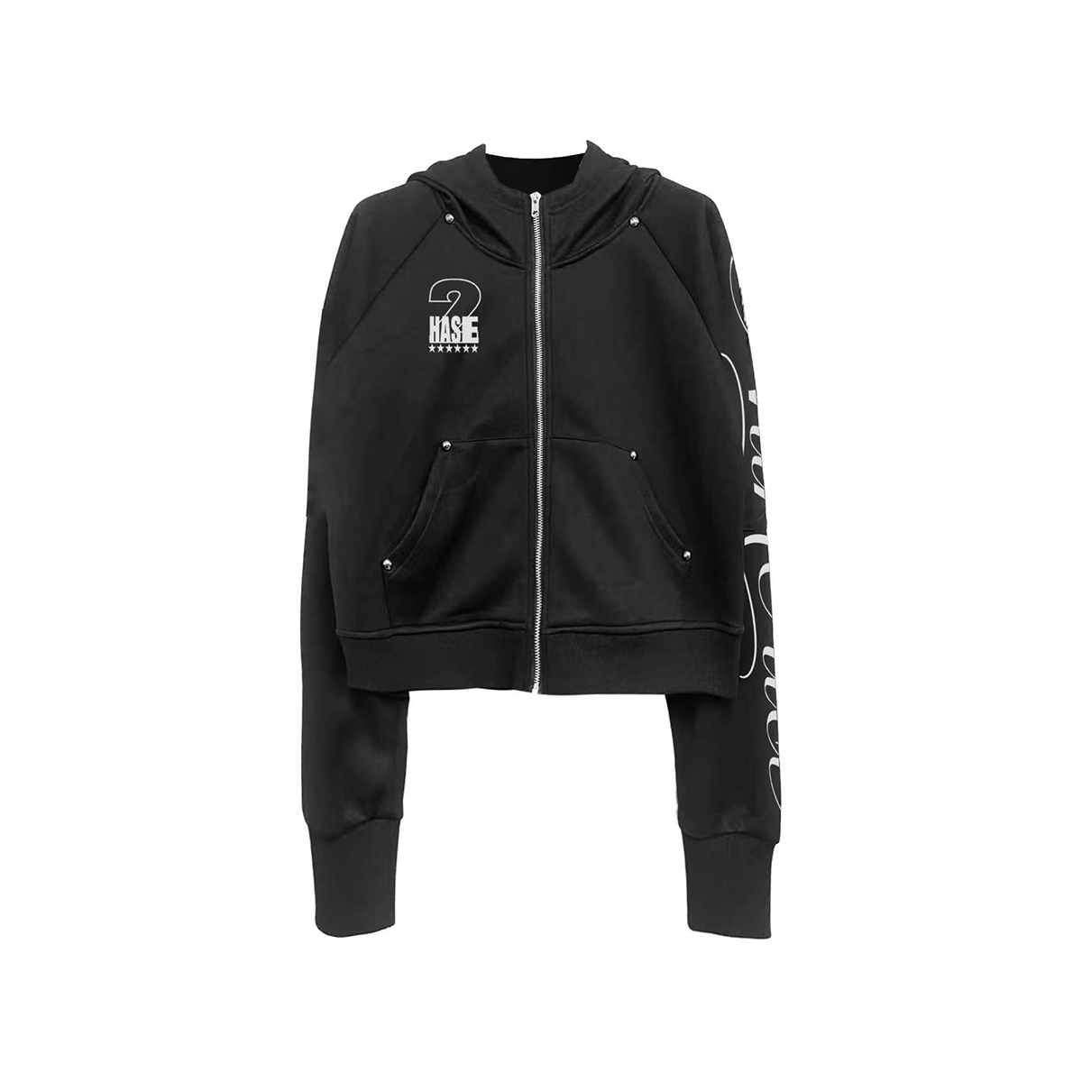 DETW字母印花铆钉拉链连帽外套