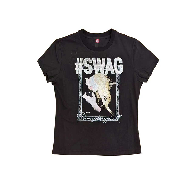 DETW"SWAG"系列人像女孩印花_定位烫钻印花朋克街头圆领短袖T恤