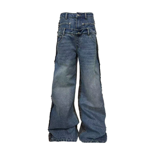 Baggy双腰拼接水洗猫须造型高级设计感直筒阔腿牛仔裤 DETW 25AW