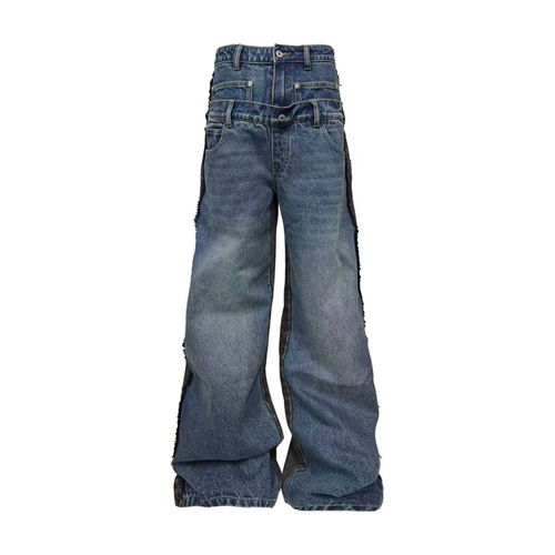 DETW双腰拼接设计感Baggy牛仔裤