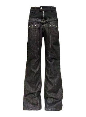 DETW 26SS*堆叠感拉满定制黑原牛双腰绑带抽绳外露拉链铆钉牛仔裤