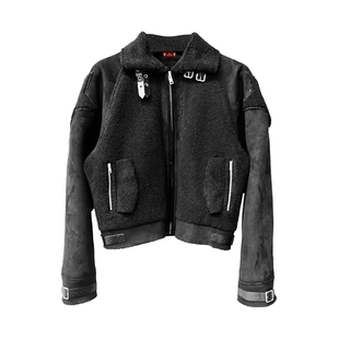 暗黑设计感视觉系加厚外套 麂皮拼接羊羔绒金属绑带修身 DETW 25AW