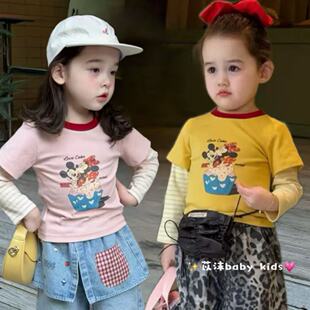 女童假两件长袖T恤2026春秋新款可爱卡通米奇印花圆领纯棉T恤上衣