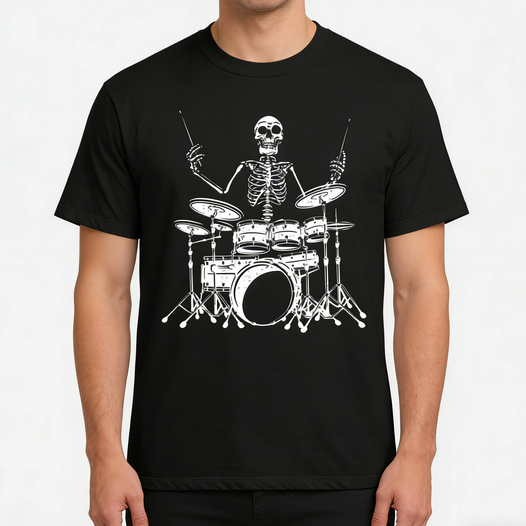 Skeleton Drummer Rock T-Shirt骷髅鼓手摇滚风黑色短袖 T 恤