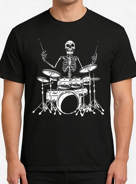 Skeleton Drummer Rock T-Shirt骷髅鼓手摇滚风黑色短袖 T 恤