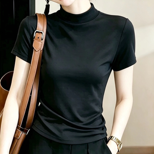 短袖面膜T恤女黑色正肩百搭修身显瘦大码小立领莱赛尔天丝上衣夏