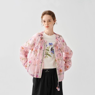 轻户外粉彩印花木耳边抽绳外套女26春新女 茶愫言同款 帕斯蒂尔