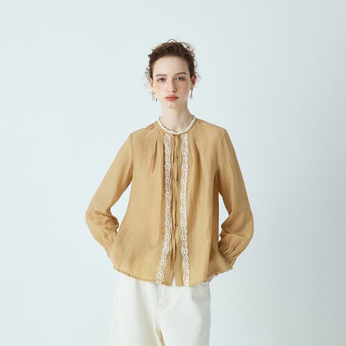 松系诗人茶家花边领系结打条绣花系扣衬衫2026秋季新款