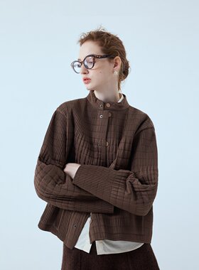 智感衣橱茶家艺术纵格造型袖按扣薄棉服外套2026秋季新款
