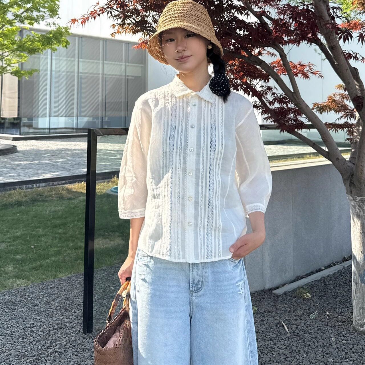 【度假出游】茶家同款翻领苎麻织带拼贴七分袖衬衫女2026夏新款