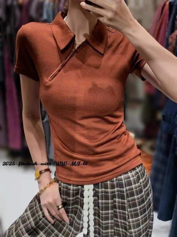 欧洲站2025秋季新款V+.COM简约纯色显瘦短袖T恤女修身百搭打底衫