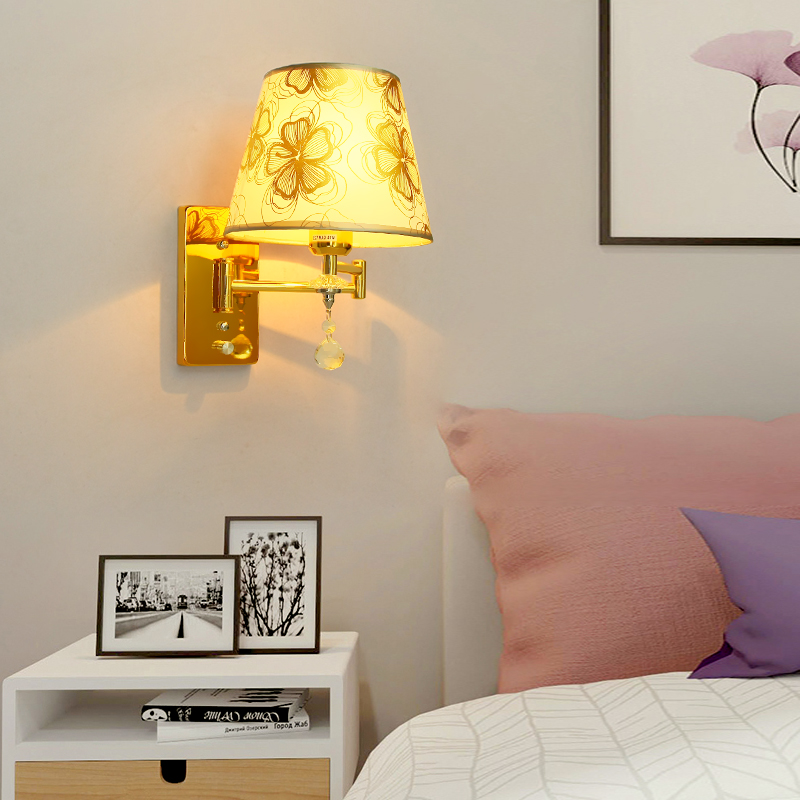 温馨布艺双摇臂灯房间床头宾馆酒店墙壁灯卧室书房LED灯阅读调光