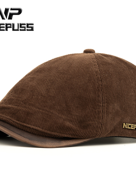 NP灯芯绒帽子男中老年秋冬保暖鸭舌帽老年人贝雷帽冬季百搭前进帽