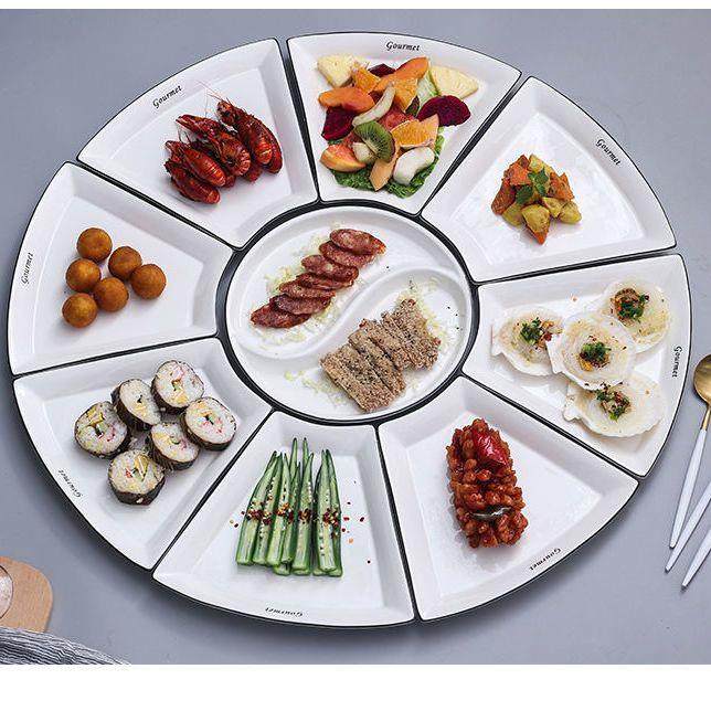 网红陶瓷拼盘组合家用摆盘扇形菜盘圆形圆桌团圆餐具套装,餐饮具,可降解餐具/环保餐具,淘宝优惠券,粉丝福利购,淘宝优惠卷