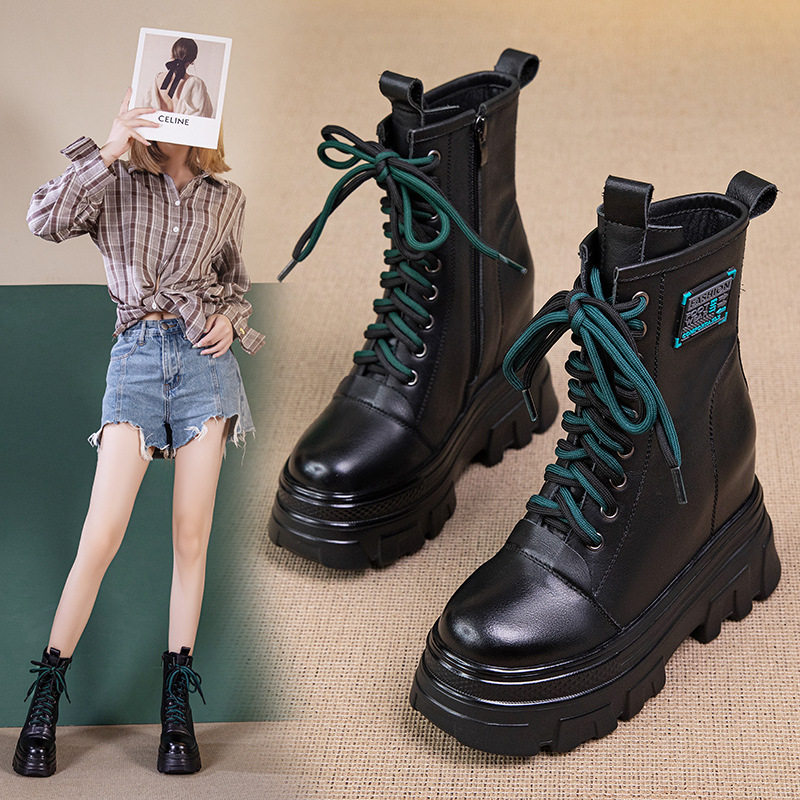 真皮马丁靴女2025秋冬新款小个子厚底短靴拼色皮松糕高跟女鞋