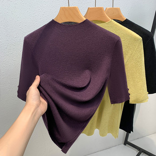 半高领打底衫女2026新款女装纯色中袖套头羊毛衫薄款被打收腰