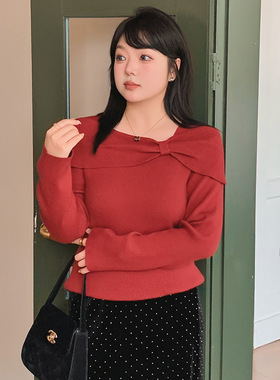 大码女装设计感蝴蝶结一字领针织衫2026冬款胖mm气质毛衣女22795