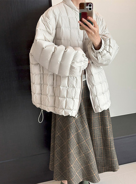 江左灯笼袖韩系设计感方格羽绒服女冬宽松立领感拉链外套6166
