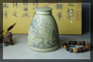 美院全手工手绘陶泥墨彩山水茶叶罐2 平价不议!