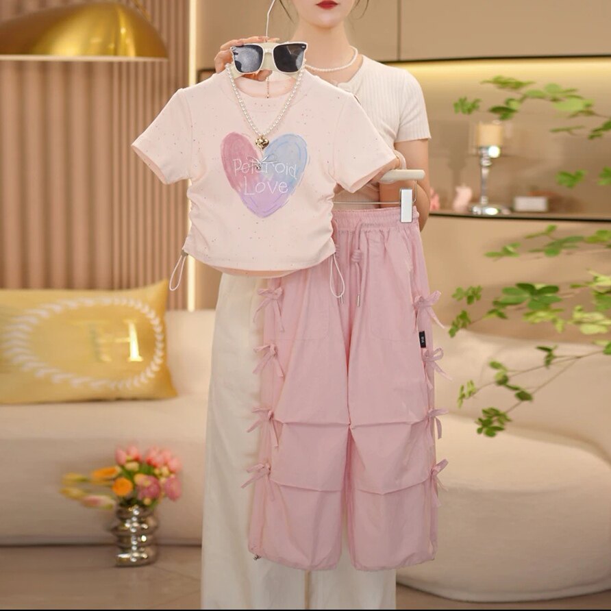 闺蜜家女童2025夏季套装新款时尚爱心短袖T恤+蝴蝶结休闲裤两件套