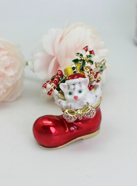 珐琅彩合金圣诞猫咪靴子客厅桌面氛围感摆件装饰品女生生日礼物
