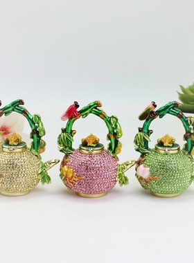 合金工艺品时尚轻奢满钻茶壶创意装饰摆件珐琅彩七宝烧首饰盒