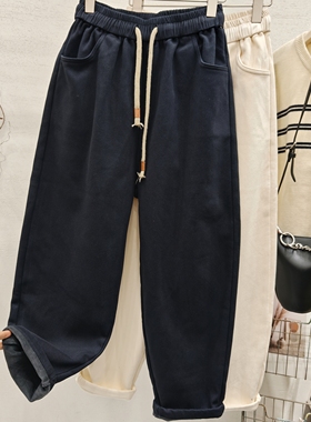 SY思颖2025冬季日系抽绳松紧腰遮胯显瘦加绒休闲裤女哈伦萝卜裤潮